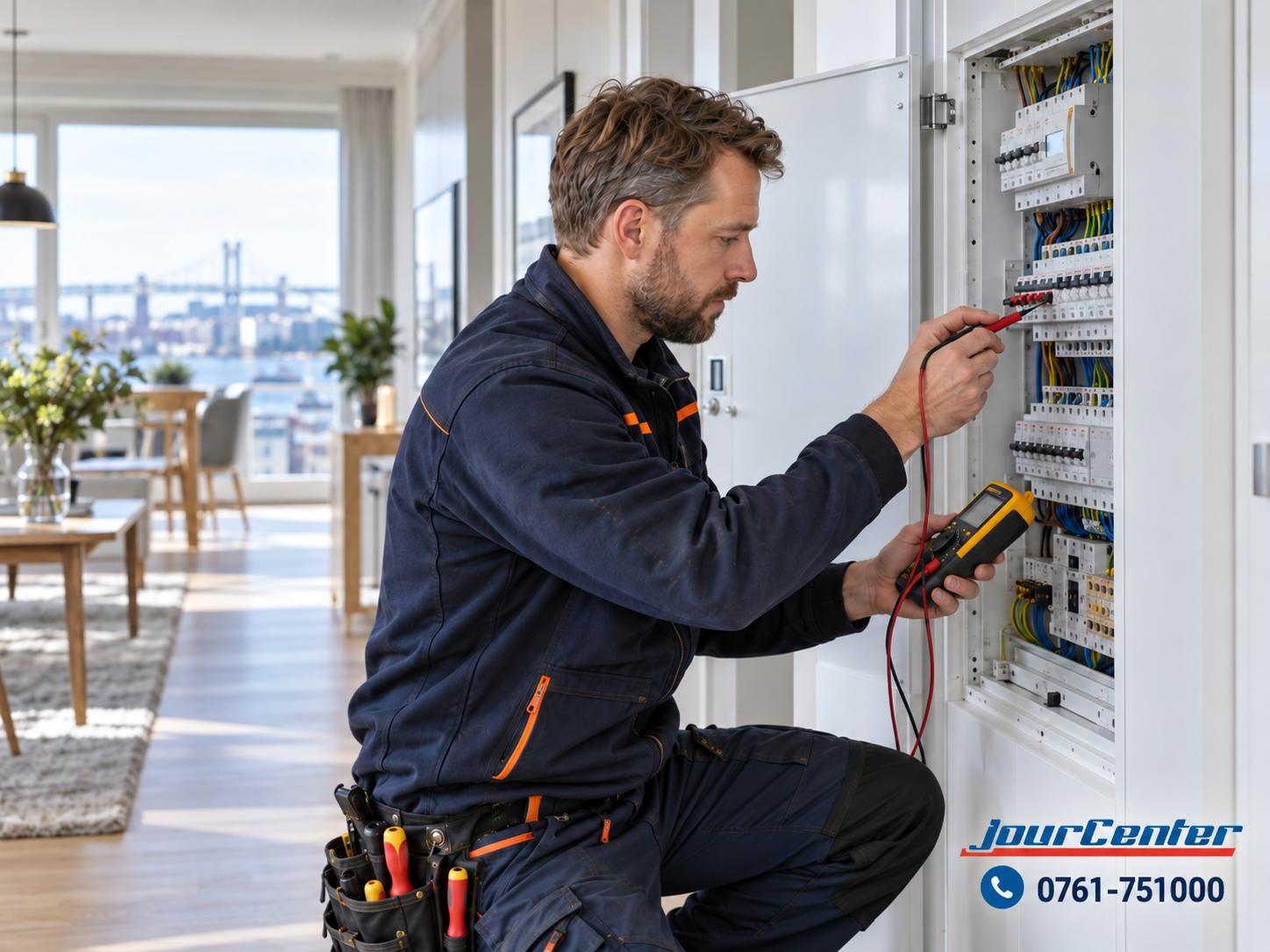 Elektriker i Göteborg felsöker och kontrollerar elcentral med mätinstrument.