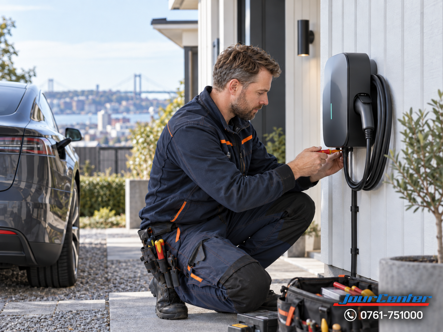 Elektriker i Göteborg installerar laddbox för elbil vid villa.