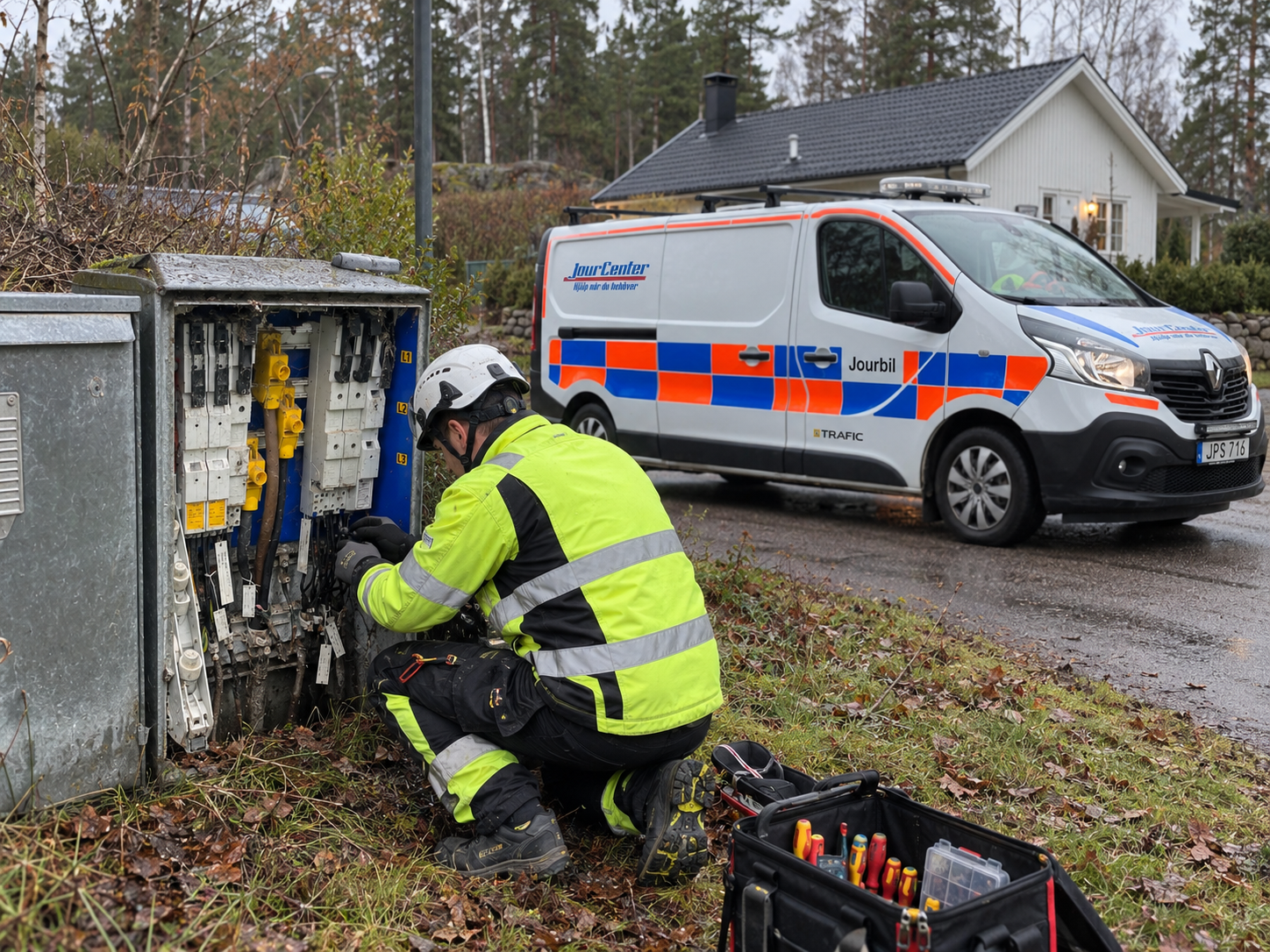 Elektriker arbetar med starkström i utomhusskåp vid svensk villa med Jourcenters skåpbil i bakgrunden.