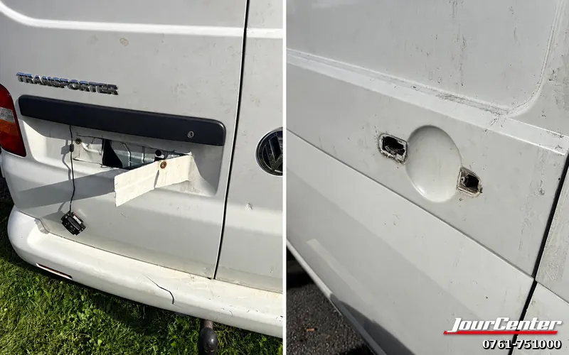 Två bilder av en vit Volkswagen Transporter: bakdörren har ett uppbrutet handtagsområde med lösa delar, och sidodörren saknar handtag så att två öppningar i plåten syns.